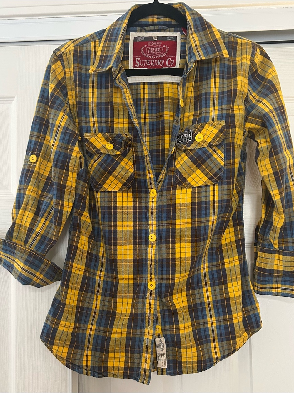 Superdry Co Yellow & Blue Plaid Button-Up Shirt | Roll Tab Sleeves | LG